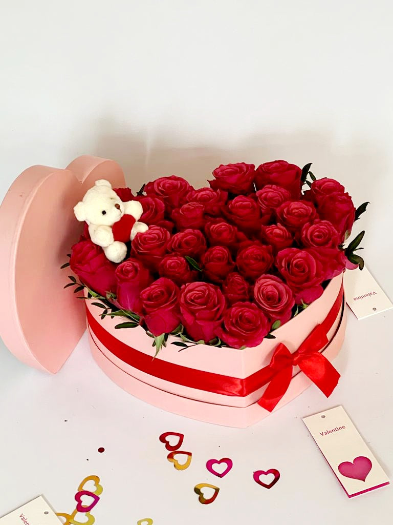 Flowerbox roze met strik met rozen